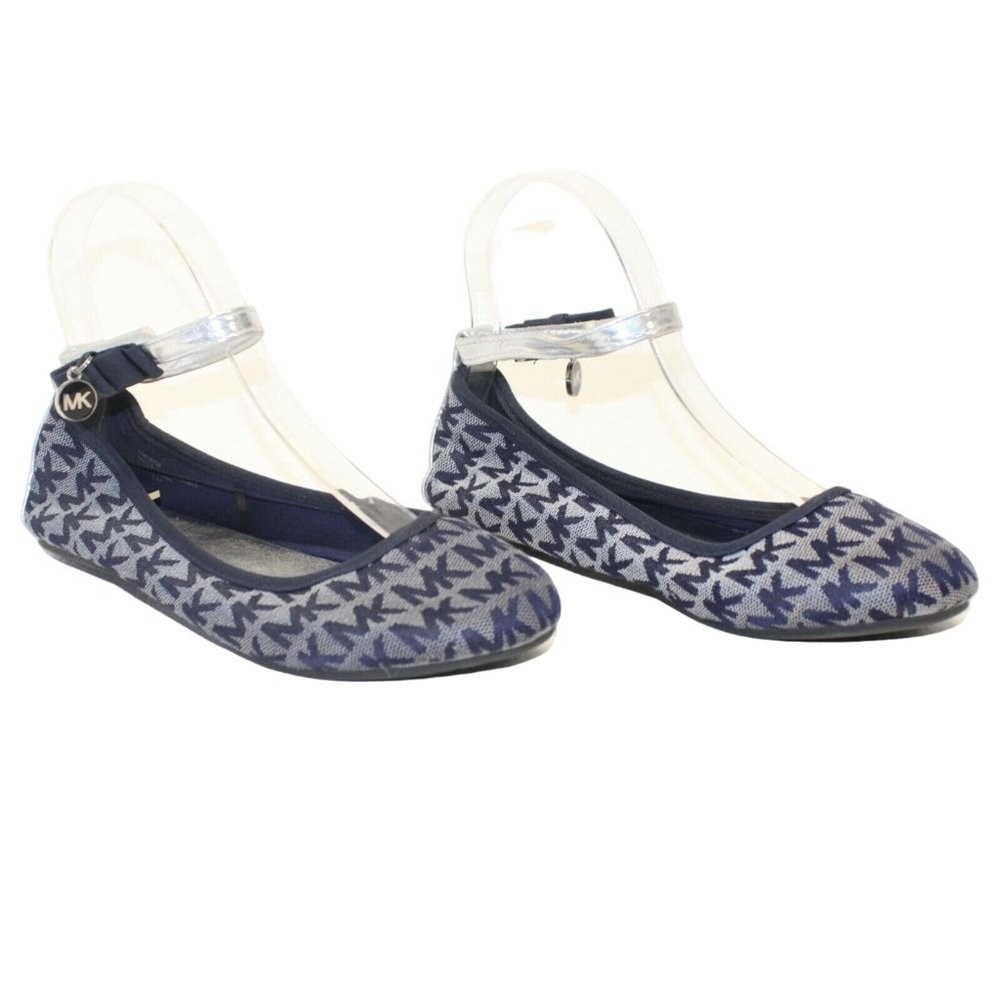 Michael Kors Fairleys Girls Sz 3 Silver Blue Logo Ankle Strap Ballet Flats Shoes - Picture 2 of 12